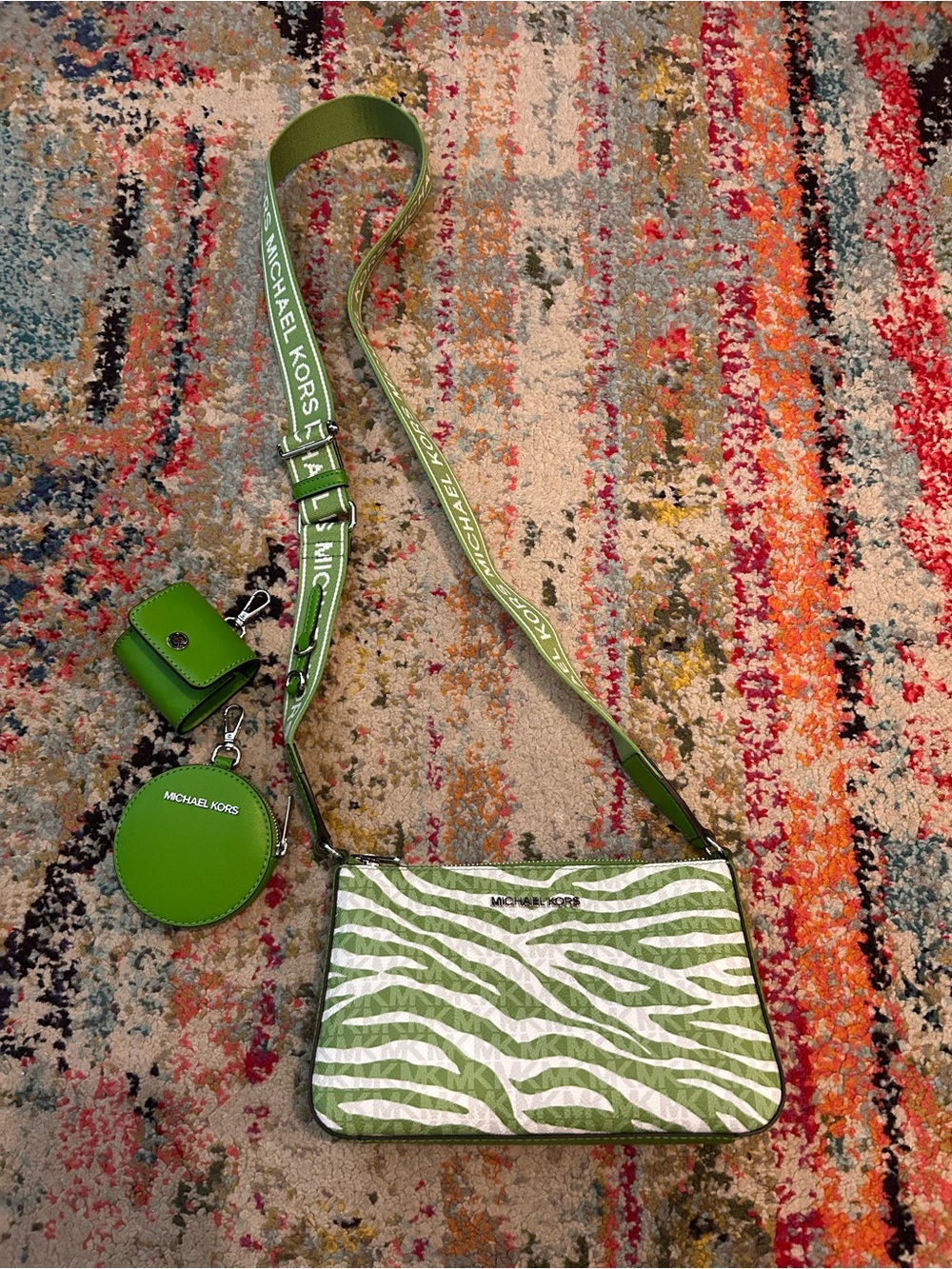Michael Kors Green and White Zebra Print Crossbody with Strap and Pouches
